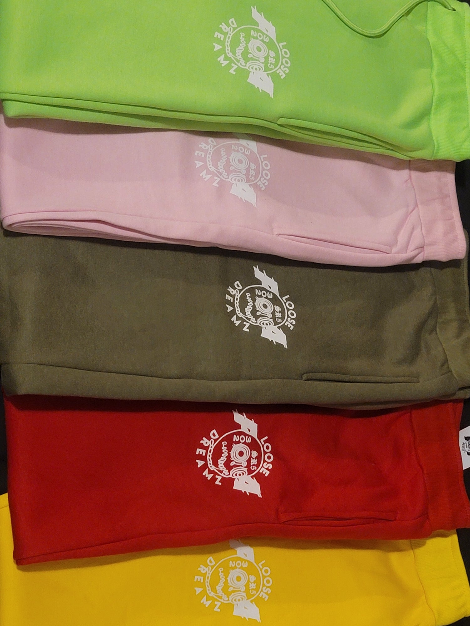 Loose Dreamz sweat pants. Red, pink,yellow, lime green and olive green